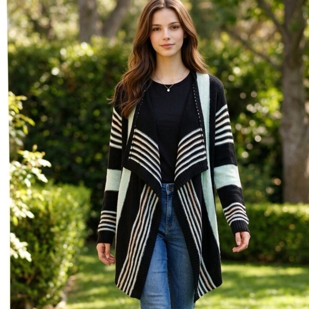 EUC Charlotte Russe SZ XL black/mint green/beige striped open front cardigan.